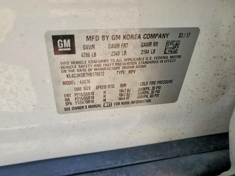 2017 Buick Encore მანქანა იყიდება აუქციონზე, vin: KL4CJASB7HB170672, აუქციონის ნომერი: 56821956