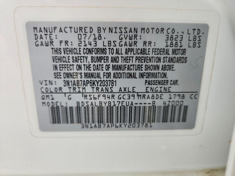 Aukcja sprzedaży 2019 Nissan Sentra, vin: 3N1AB7AP6KY203781, numer aukcji: 58119446