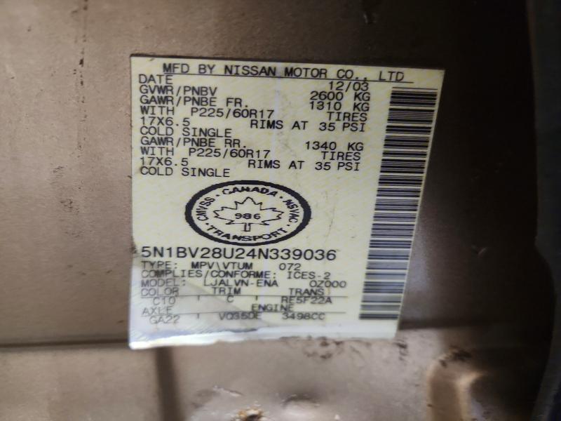 2004 Nissan Quest მანქანა იყიდება აუქციონზე, vin: 5N1BV28U24N339036, აუქციონის ნომერი: 55978726