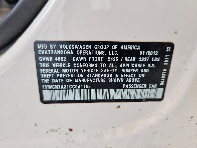 Aukcja sprzedaży 2012 Volkswagen Passat, vin: 1VWCN7A31CC041155, numer aukcji: 58625276