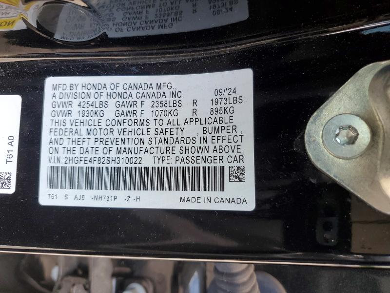 58757686 :رقم المزاد ، 2HGFE4F82SH310022 vin ، 2025 Honda Civic مزاد بيع