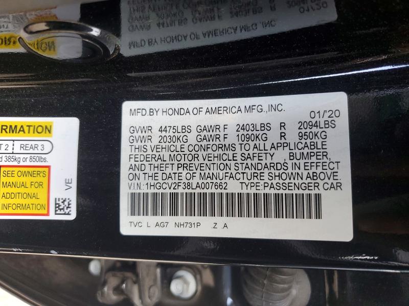 Продаж на аукціоні авто 2020 Honda Accord, vin: 1HGCV2F38LA007662, номер лоту: 57495926