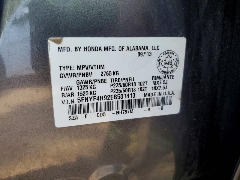 56435176 :رقم المزاد ، 5FNYF4H92EB501413 vin ، 2014 Honda Pilot مزاد بيع