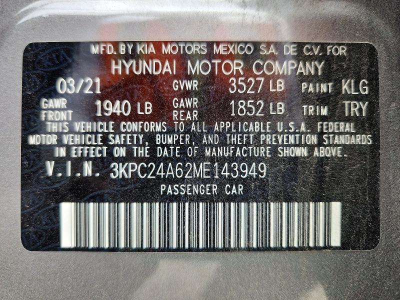 Aukcja sprzedaży 2021 Hyundai Accent, vin: 3KPC24A62ME143949, numer aukcji: 56874786