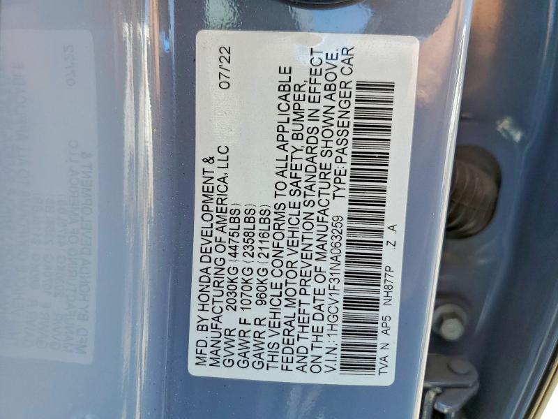 Продажа на аукционе авто 2022 Honda Accord, vin: 1HGCV1F31NA063259, номер лота: 57045576