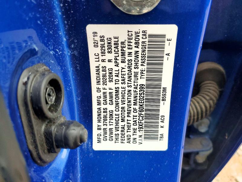 Продажа на аукционе авто 2019 Honda Civic, vin: 19XFC2F60KE025399, номер лота: 55445156