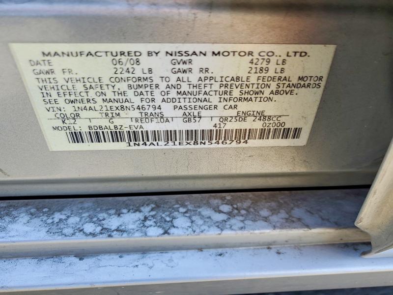 2008 Nissan Altima მანქანა იყიდება აუქციონზე, vin: 1N4AL21EX8N546794, აუქციონის ნომერი: 56815946