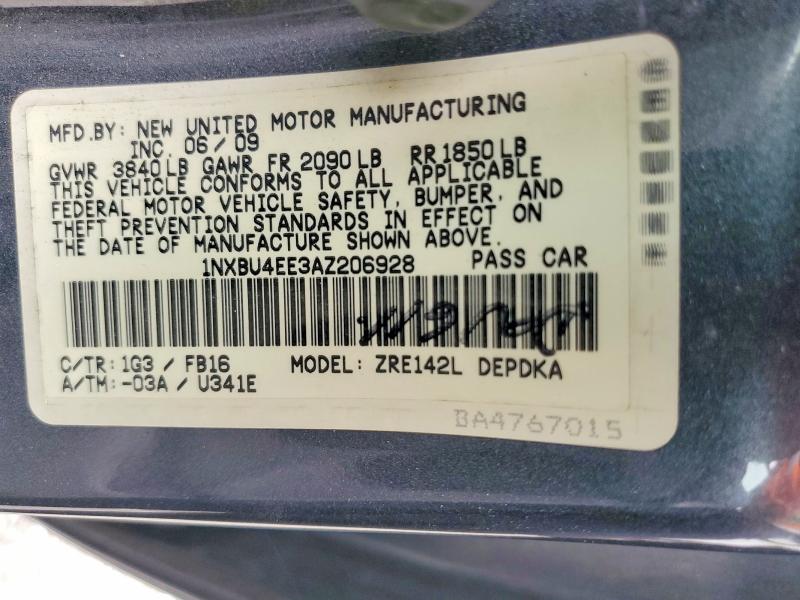 2010 Toyota Corolla მანქანა იყიდება აუქციონზე, vin: 1NXBU4EE3AZ206928, აუქციონის ნომერი: 59219086