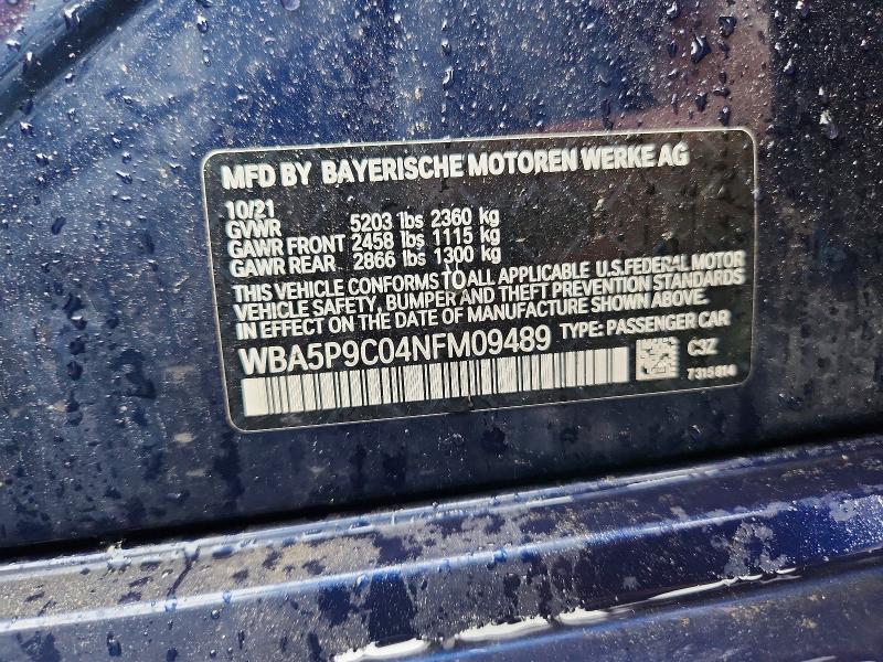 2022 Bmw 330xe მანქანა იყიდება აუქციონზე, vin: WBA5P9C04NFM09489, აუქციონის ნომერი: 57316046