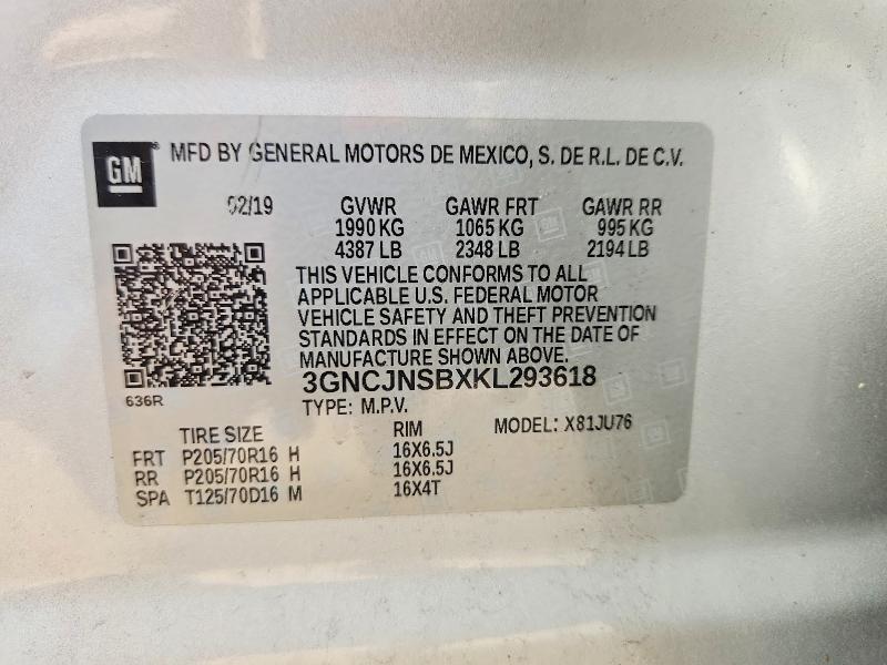 Auction sale of the 2019 Chevrolet Trax, vin: 3GNCJNSBXKL293618, lot number: 55743236