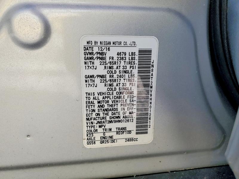2017 Nissan Rogue მანქანა იყიდება აუქციონზე, vin: JN8AT2MV9HW012612, აუქციონის ნომერი: 56665766
