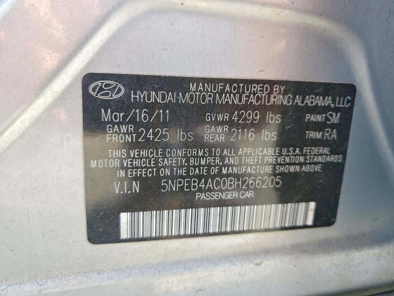 2011 Hyundai Sonata მანქანა იყიდება აუქციონზე, vin: 5NPEB4AC0BH266205, აუქციონის ნომერი: 59368616