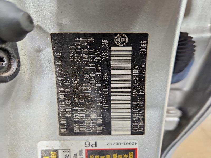 2017 Toyota Camry მანქანა იყიდება აუქციონზე, vin: 4T1BF1FK1HU720994, აუქციონის ნომერი: 56586166