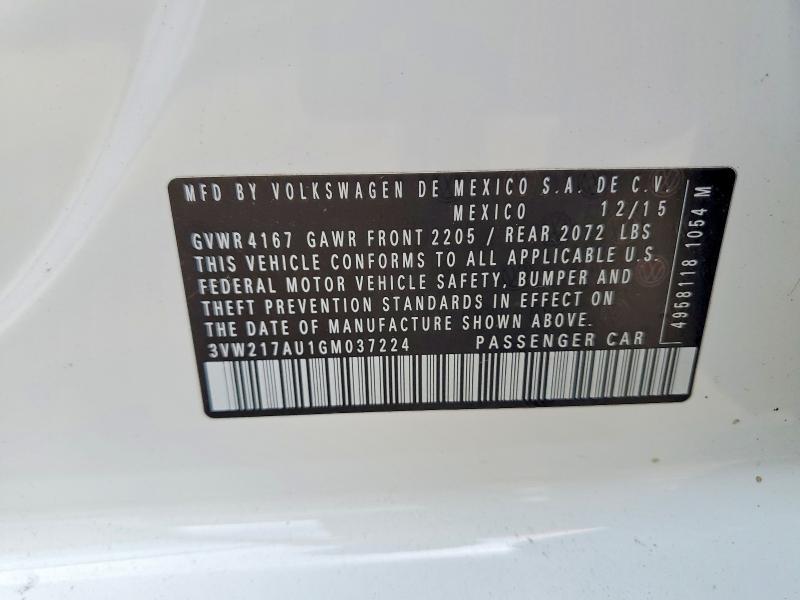 57953266 :رقم المزاد ، 3VW217AU1GM037224 vin ، 2016 Volkswagen Golf مزاد بيع