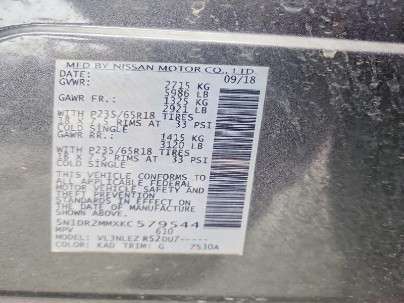 Aukcja sprzedaży 2019 Nissan Pathfinder, vin: 5N1DR2MMXKC579544, numer aukcji: 58733316