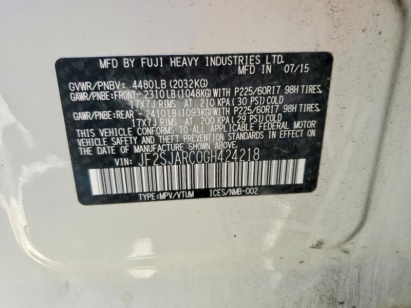 2016 Subaru Forester მანქანა იყიდება აუქციონზე, vin: JF2SJARC0GH424218, აუქციონის ნომერი: 57597606