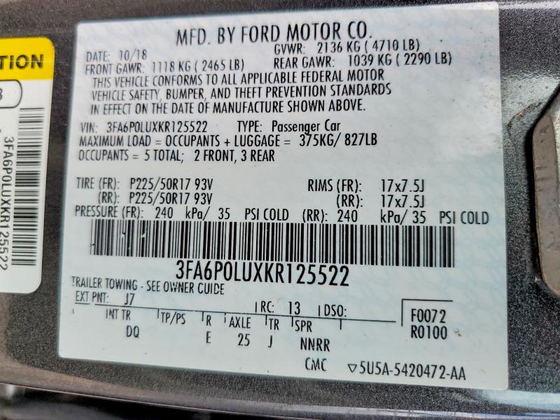 2019 Ford Fusion მანქანა იყიდება აუქციონზე, vin: 3FA6P0LUXKR125522, აუქციონის ნომერი: 55889426