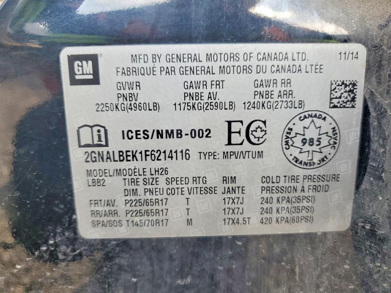 2015 Chevrolet Equinox მანქანა იყიდება აუქციონზე, vin: 2GNALBEK1F6214116, აუქციონის ნომერი: 57064816