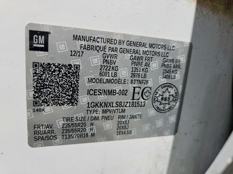 2018 Gmc Acadia მანქანა იყიდება აუქციონზე, vin: 1GKKNXLS8JZ181513, აუქციონის ნომერი: 56151806
