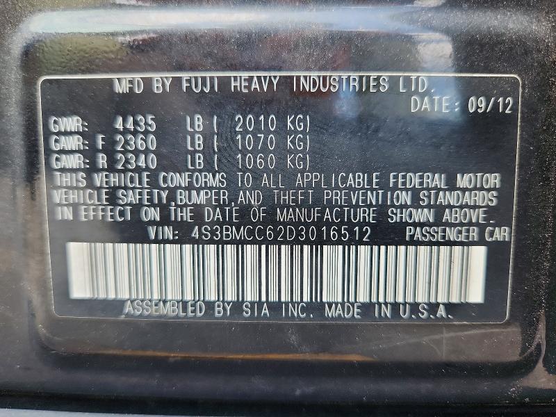2013 Subaru Legacy მანქანა იყიდება აუქციონზე, vin: 4S3BMCC62D3016512, აუქციონის ნომერი: 55620146