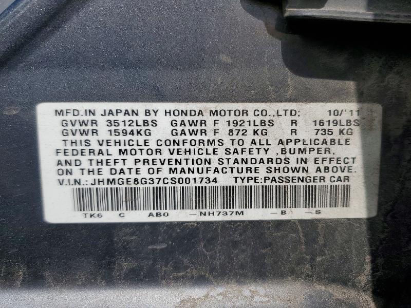 56719926 :رقم المزاد ، JHMGE8G37CS001734 vin ، 2012 Honda Fit مزاد بيع