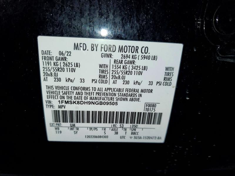2022 Ford Explorer მანქანა იყიდება აუქციონზე, vin: 1FMSK8DH9NGB09505, აუქციონის ნომერი: 56737846