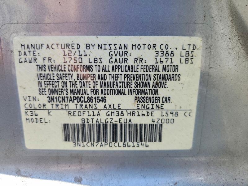 Auction sale of the 2012 Nissan Versa, vin: 3N1CN7AP0CL861546, lot number: 54710536