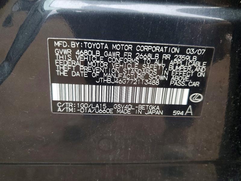 Продаж на аукціоні авто 2007 Lexus Es, vin: JTHBJ46G772113488, номер лоту: 58994456
