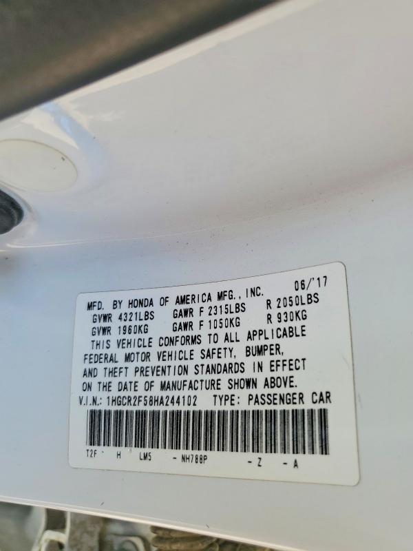 Aukcja sprzedaży 2017 Honda Accord, vin: 1HGCR2F58HA244102, numer aukcji: 58475946