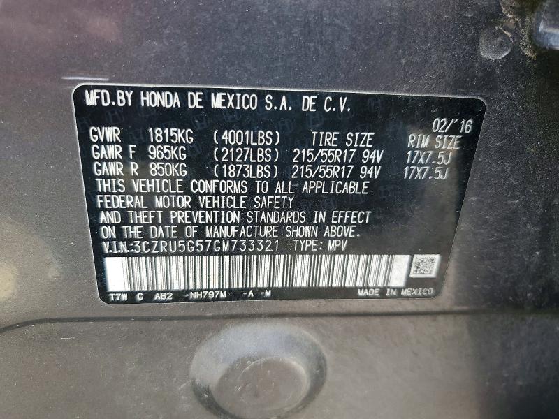 55651136 :رقم المزاد ، 3CZRU5G57GM733321 vin ، 2016 Honda Hr-v مزاد بيع