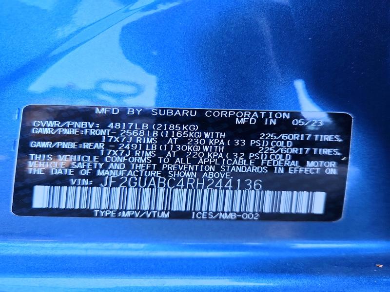 56979816 :رقم المزاد ، JF2GUABC4RH244136 vin ، 2024 Subaru Crosstrek مزاد بيع