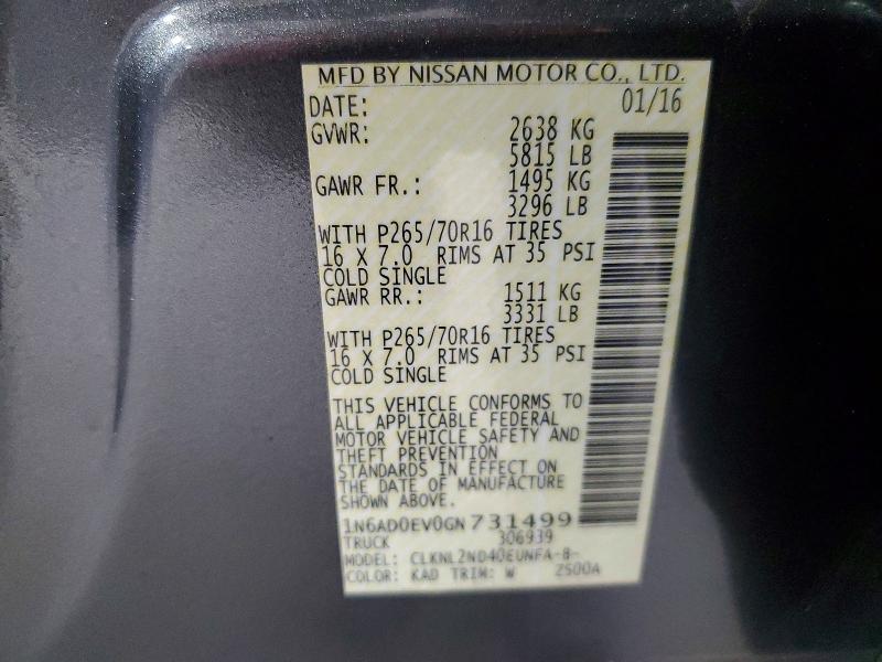 Aukcja sprzedaży 2016 Nissan Frontier, vin: 1N6AD0EV0GN731499, numer aukcji: 56684196