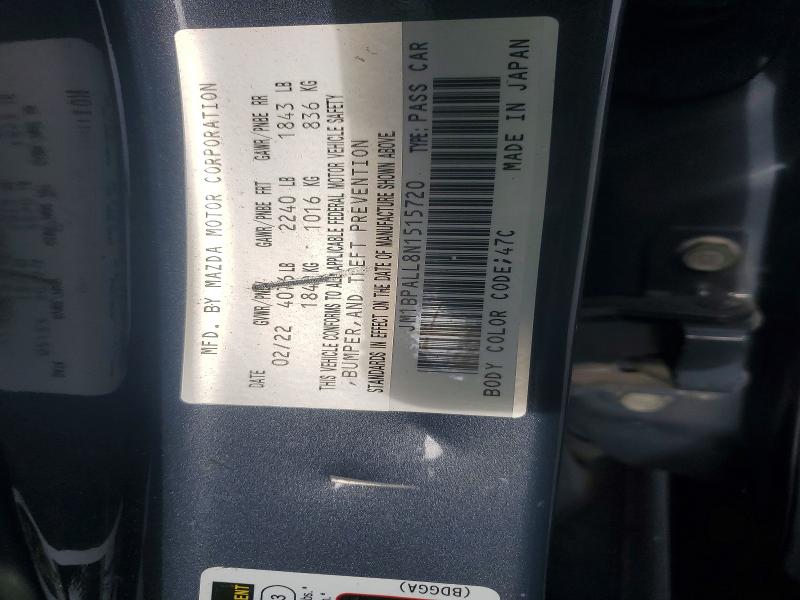 56502336 :رقم المزاد ، JM1BPALL8N1515720 vin ، 2022 Mazda 3 مزاد بيع