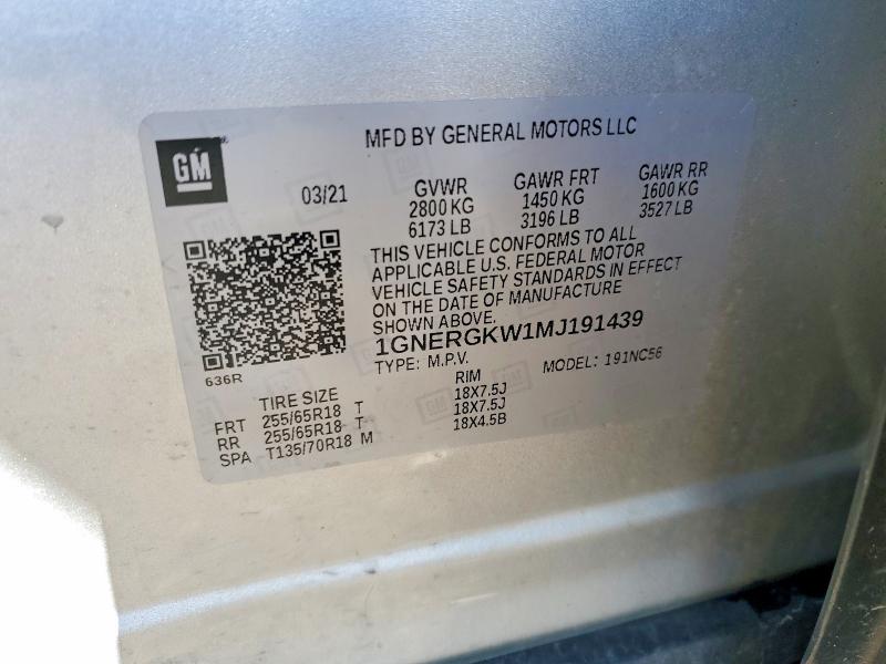 57212676 :رقم المزاد ، 1GNERGKW1MJ191439 vin ، 2021 Chevrolet Traverse مزاد بيع