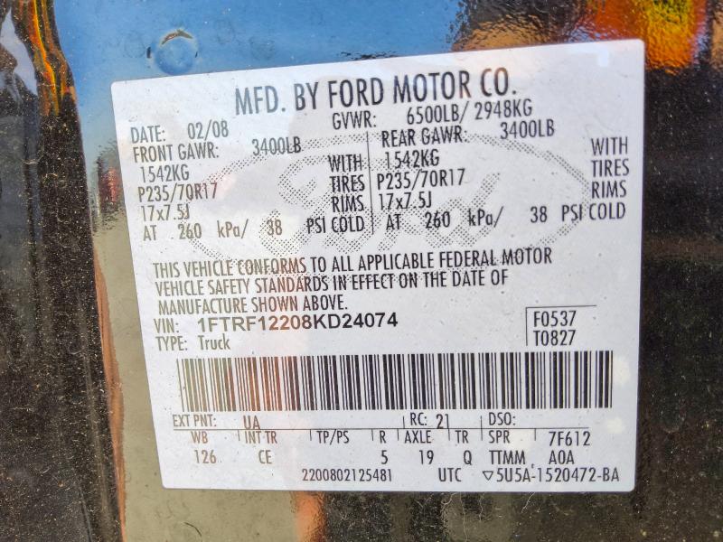 58432106 :رقم المزاد ، 1FTRF12208KD24074 vin ، 2008 Ford F150 مزاد بيع