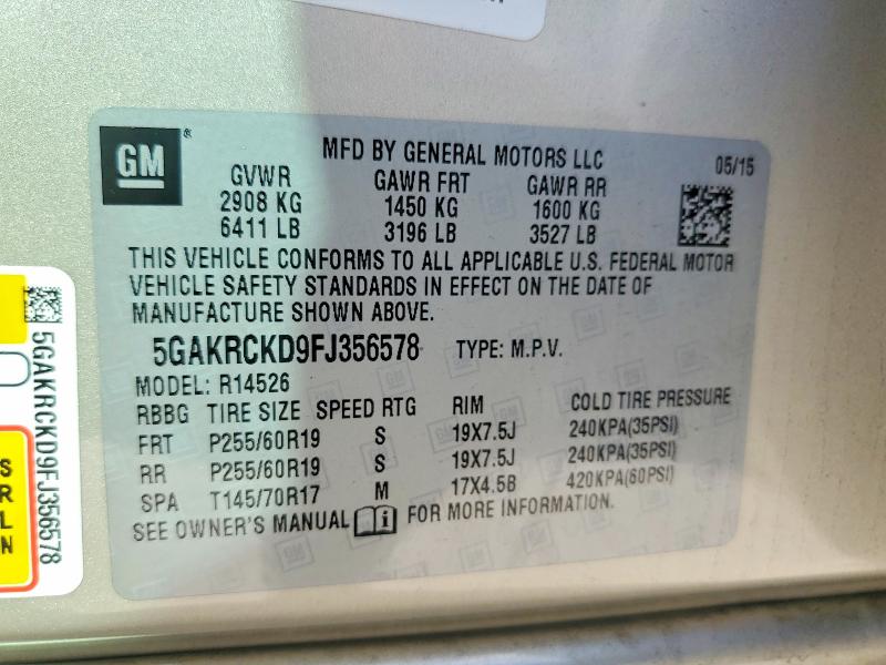 56663526 :رقم المزاد ، 5GAKRCKD9FJ356578 vin ، 2015 Buick Enclave مزاد بيع