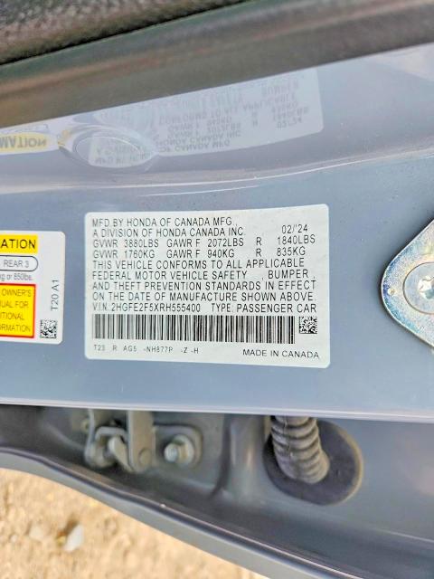 Продажа на аукционе авто 2024 Honda Civic, vin: 2HGFE2F5XRH555400, номер лота: 56172566