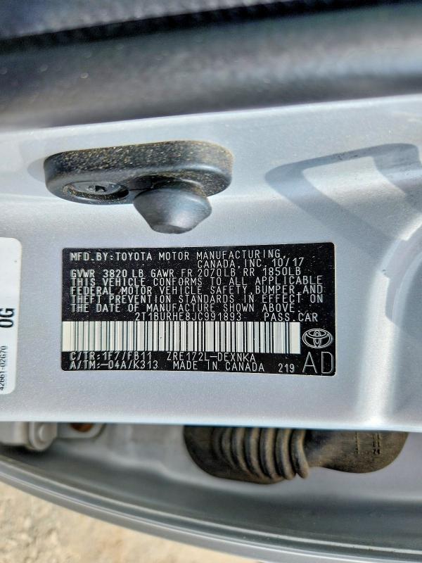 Aukcja sprzedaży 2018 Toyota Corolla, vin: 2T1BURHE8JC991893, numer aukcji: 56318706