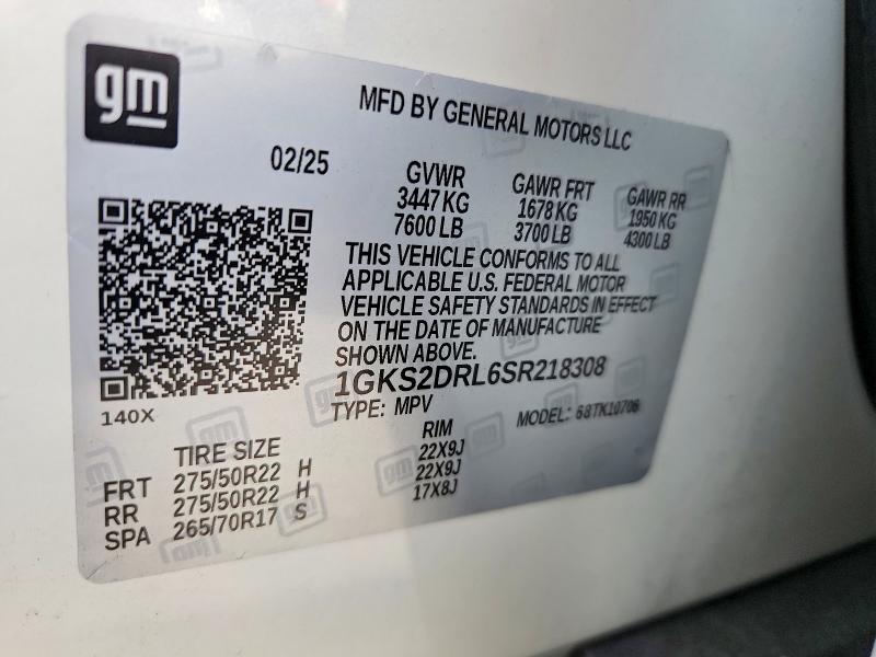 56419206 :رقم المزاد ، 1GKS2DRL6SR218308 vin ، 2025 Gmc Yukon مزاد بيع