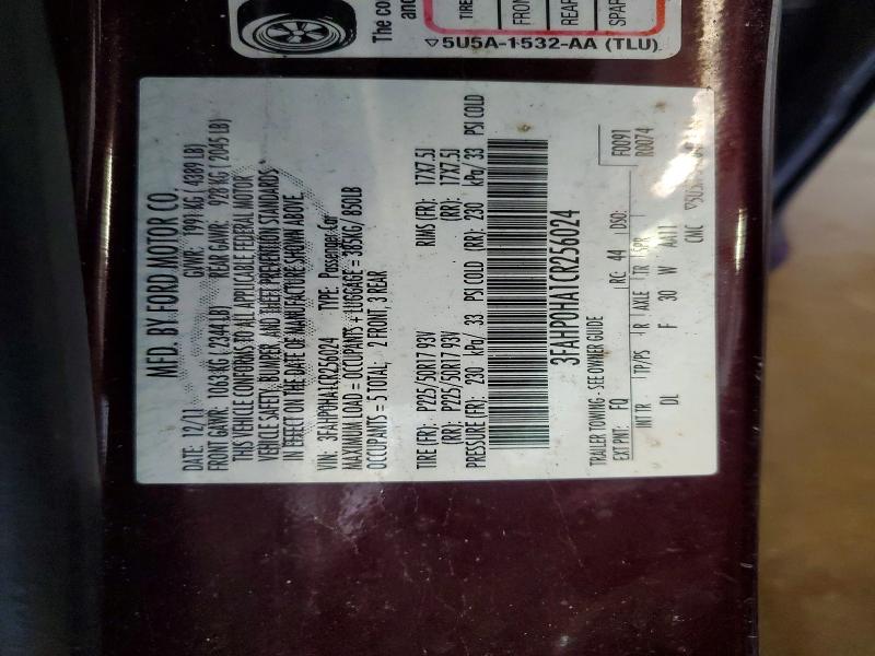 2012 Ford Fusion მანქანა იყიდება აუქციონზე, vin: 3FAHP0HA1CR256024, აუქციონის ნომერი: 56640506