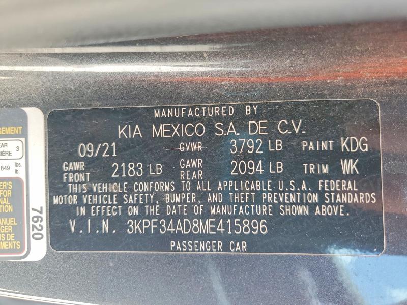 2021 Kia Forte მანქანა იყიდება აუქციონზე, vin: 3KPF34AD8ME415896, აუქციონის ნომერი: 58444926