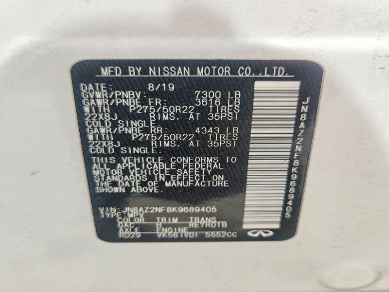 57994196 :رقم المزاد ، JN8AZ2NF8K9689405 vin ، 2019 Infiniti Qx80 مزاد بيع