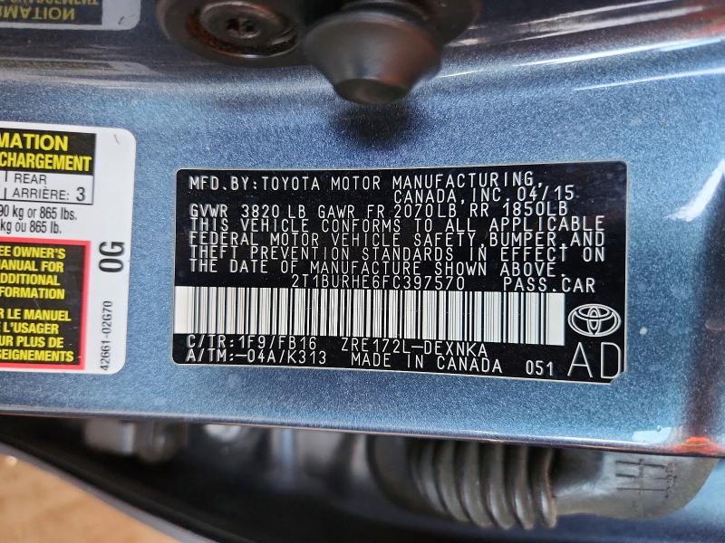 54731456 :رقم المزاد ، 2T1BURHE6FC397570 vin ، 2015 Toyota Corolla مزاد بيع