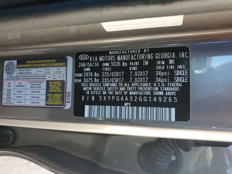 57156596 :رقم المزاد ، 5XYPG4A32GG149265 vin ، 2016 Kia Sorento مزاد بيع