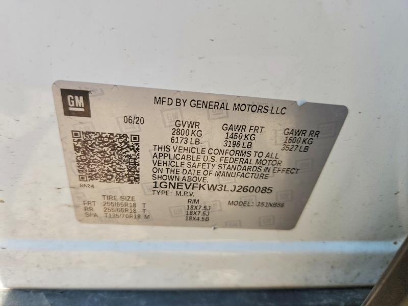2020 Chevrolet Traverse მანქანა იყიდება აუქციონზე, vin: 1GNEVFKW3LJ260085, აუქციონის ნომერი: 55530196