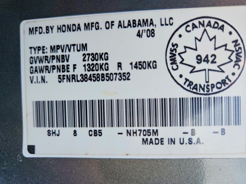 Aukcja sprzedaży 2008 Honda Odyssey, vin: 5FNRL38458B507352, numer aukcji: 59165466