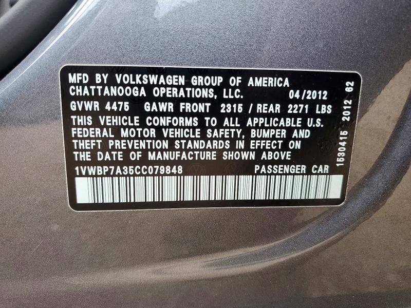 Aukcja sprzedaży 2012 Volkswagen Passat, vin: 1VWBP7A35CC079848, numer aukcji: 58017896
