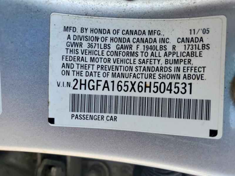 Aukcja sprzedaży 2006 Honda Civic, vin: 2HGFA165X6H504531, numer aukcji: 55041256