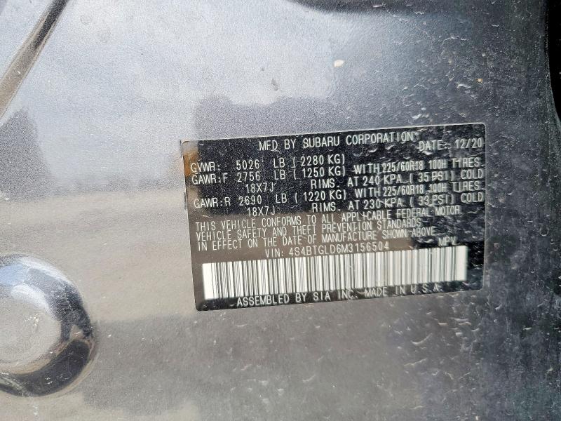 2021 Subaru Outback მანქანა იყიდება აუქციონზე, vin: 4S4BTGLD6M3156504, აუქციონის ნომერი: 57218176