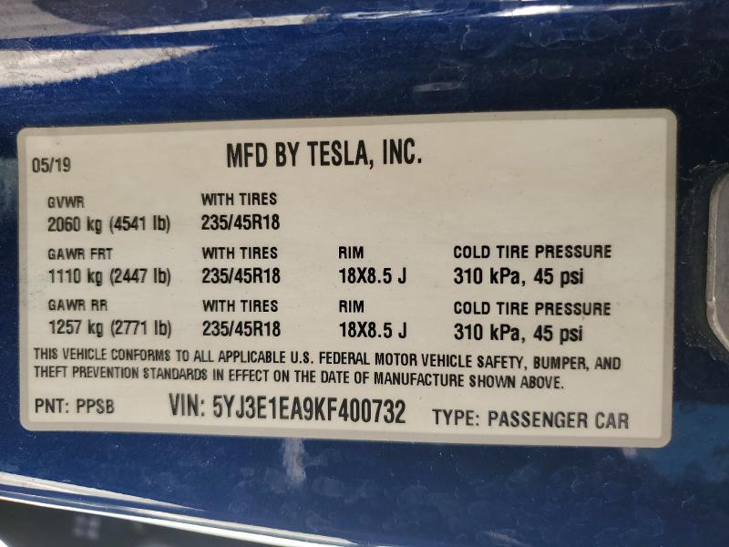 Aukcja sprzedaży 2019 Tesla Model 3, vin: 5YJ3E1EA9KF400732, numer aukcji: 57274276